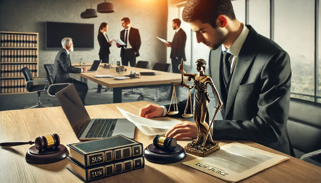 DALL·E 2025-03-05 11.39.14 - A corporate lawyer in a modern office, reviewing contracts and legal documents. The desk has a laptop, law books, and a scale of justice. The backgrou