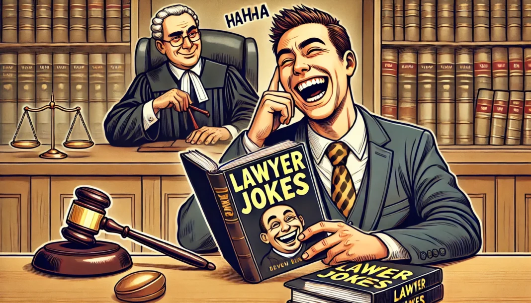 DALL·E 2025-03-05 12.00.53 - A humorous illustration of a lawyer in a courtroom, laughing while reading a book titled 'Lawyer Jokes'. A judge smirks in the background, and a gavel