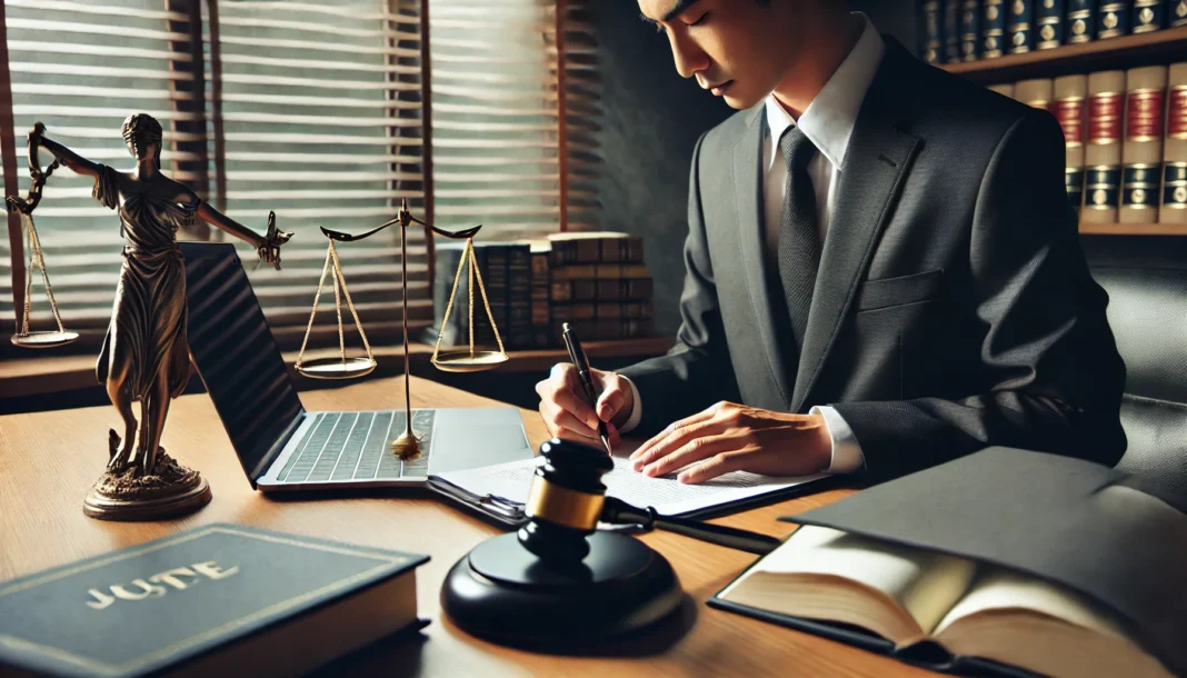 DALL·E 2025-03-05 12.15.11 - A legal assistant in a professional office, reviewing legal documents and taking notes. A laptop and law books are on the desk, with a scale of justic