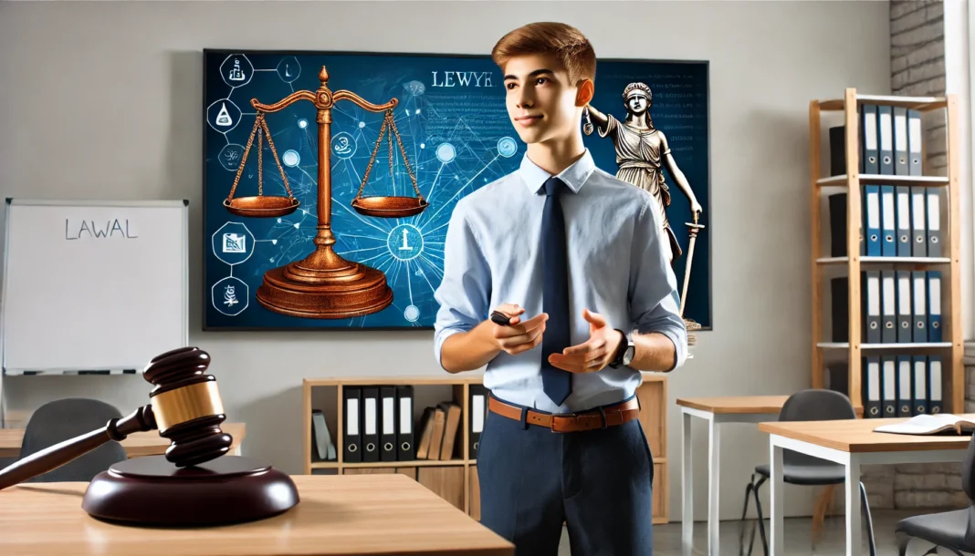 DALL·E 2025-03-05 12.25.24 - A young aspiring lawyer giving a presentation about the legal profession in a modern classroom. A large screen behind them displays legal symbols like