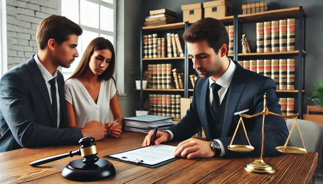 DALL·E 2025-03-05 12.58.29 - A professional divorce lawyer in an office, consulting a couple going through a divorce. The lawyer is reviewing legal documents while the couple sits