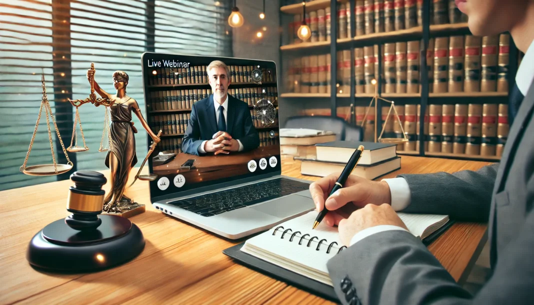 DALL·E 2025-03-05 13.01.34 - A professional lawyer attending a live webinar on a laptop, taking notes while a legal expert presents on a screen. The background features a modern o