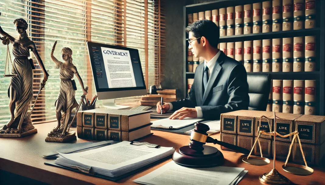 DALL·E 2025-03-10 11.52.09 - A government lawyer working in an official office, reviewing legal documents and consulting with state officials. The setting includes a desk with gov