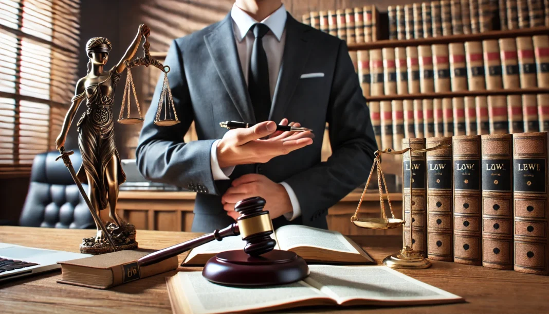 DALL·E 2025-03-10 12.00.48 - A professional lawyer in a courtroom, confidently presenting legal arguments. The lawyer is surrounded by law books and legal documents, symbolizing t