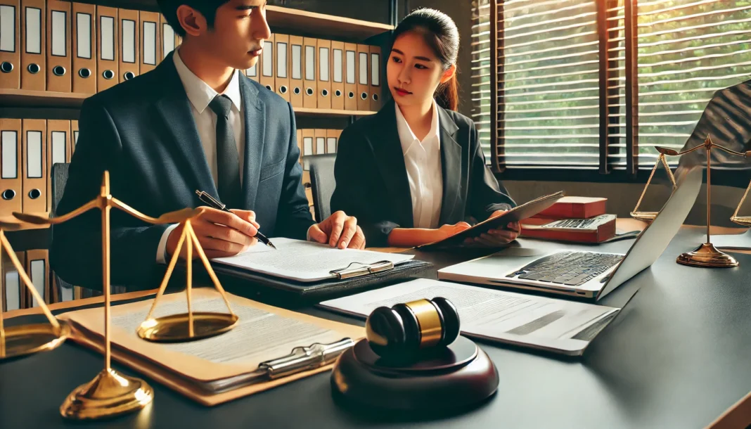 DALL·E 2025-03-10 12.09.16 - A legal intern working in a professional law office, reviewing case files and taking notes under the supervision of an experienced lawyer. The setting