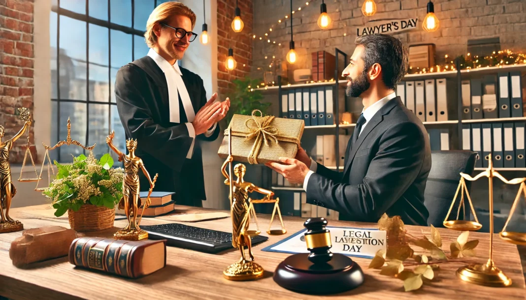 DALL·E 2025-03-17 14.05.48 - A festive Lawyer's Day celebration scene featuring a professional lawyer receiving congratulatory messages and awards in a modern office. The setting