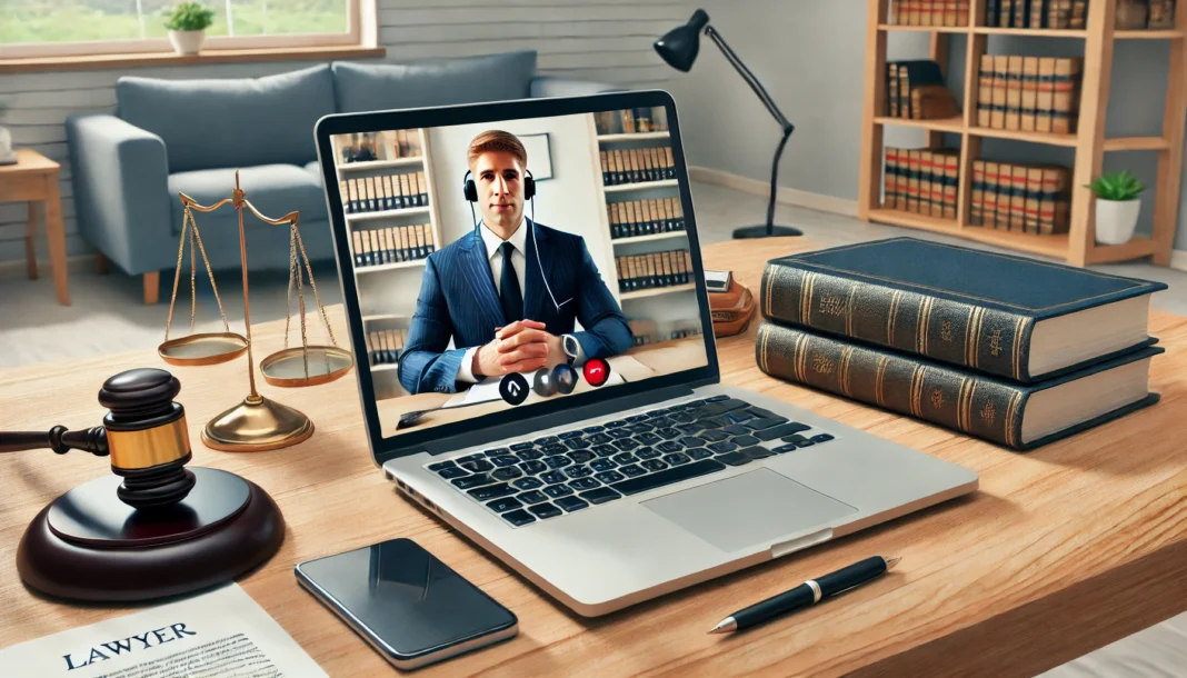 DALL·E 2025-03-17 14.11.10 - A symbolic representation of online legal consultations. The image features a lawyer sitting at a desk with a laptop displaying a video call. The lawy