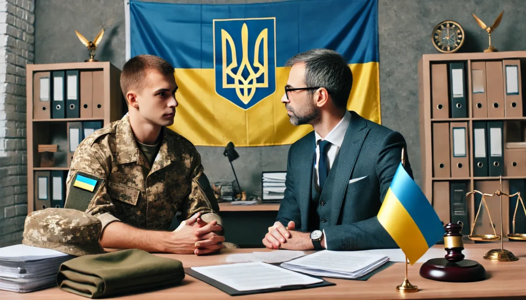 DALL·E 2025-03-17 14.14.44 - A military lawyer in a professional office in Lviv, consulting with a soldier about legal matters. The setting includes legal documents, a Ukrainian f